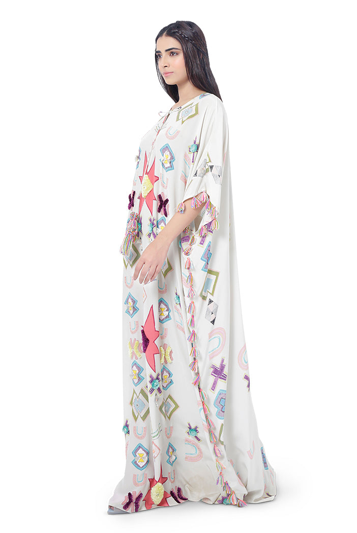 Aiza White Printed Crepe Embroidered Kaftan