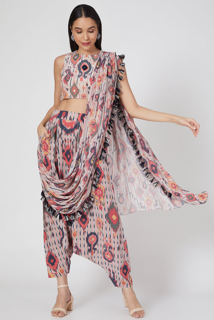 Red Ikat Tribe Printed Crepe Top And Low Crotch Pant With Attached Art Georgette Drape