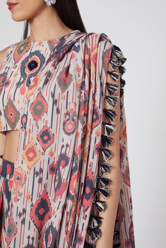 Red Ikat Tribe Printed Crepe Top And Low Crotch Pant With Attached Art Georgette Drape