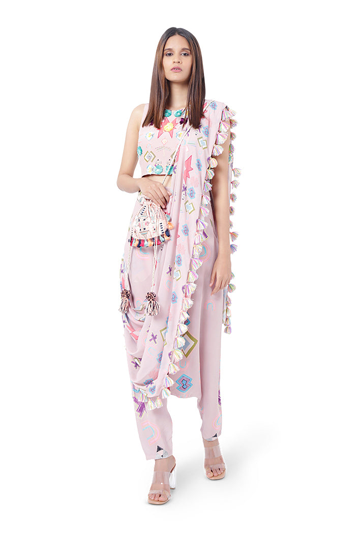Shiza Pink Printed Crepe Choli with Low Crotch Pant and attached Georgette Drape Dupatta