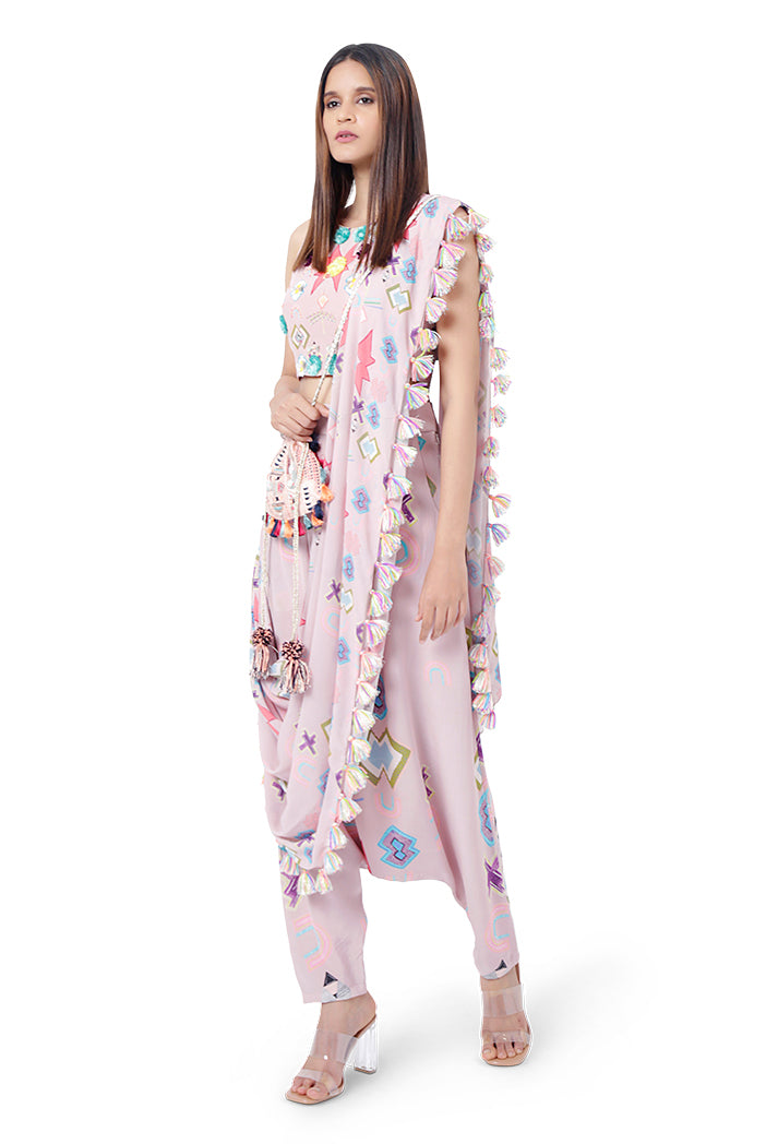 Shiza Pink Printed Crepe Choli with Low Crotch Pant and attached Georgette Drape Dupatta