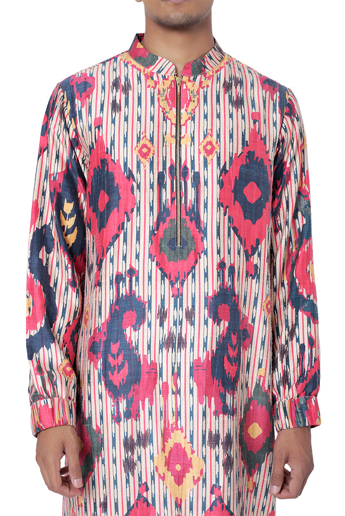 Red Colour Printed Dupion Silk Bomber Kurta with Off White Colour Cotton Silk Churidar
