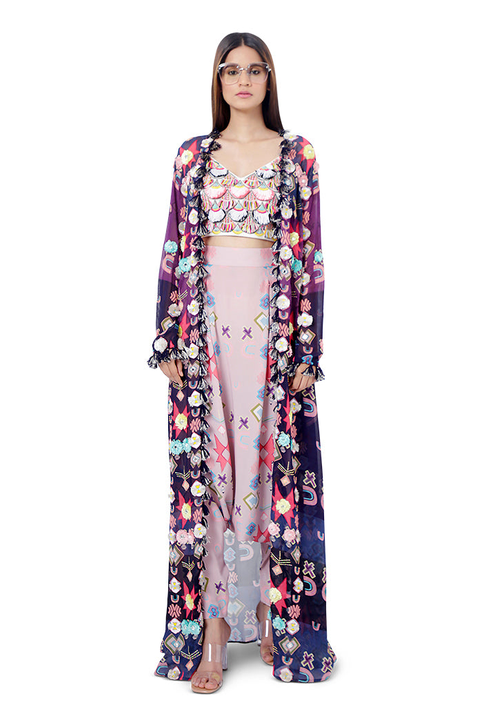 Tazmeen Purple Printed Art Georgette Duster Jacket with White Crepe Tie-Up Choli and Pink Printed Crepe Low Crotch Pant