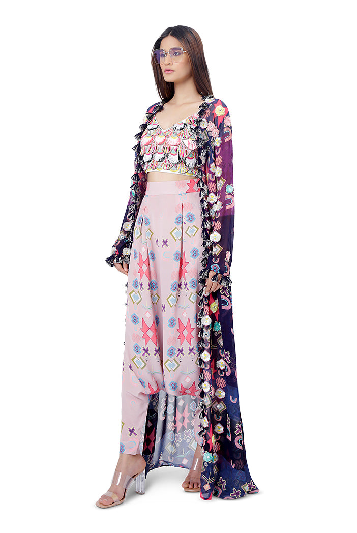 Tazmeen Purple Printed Art Georgette Duster Jacket with White Crepe Tie-Up Choli and Pink Printed Crepe Low Crotch Pant