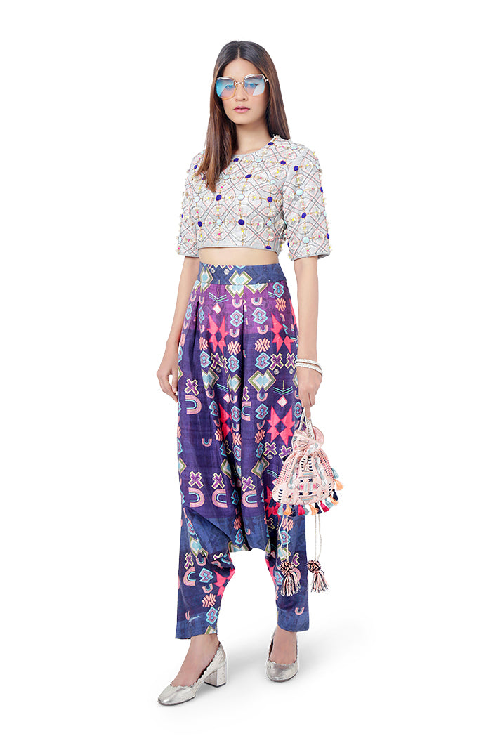 Abia Pale Blue Colour Dupion Silk Embroidered Choli with Purple Colour Printed Dupion Silk Low Crotch Pant