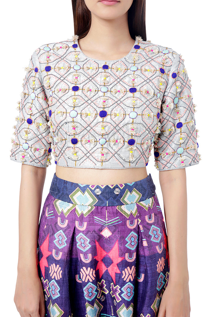 Abia Pale Blue Colour Dupion Silk Embroidered Choli with Purple Colour Printed Dupion Silk Low Crotch Pant