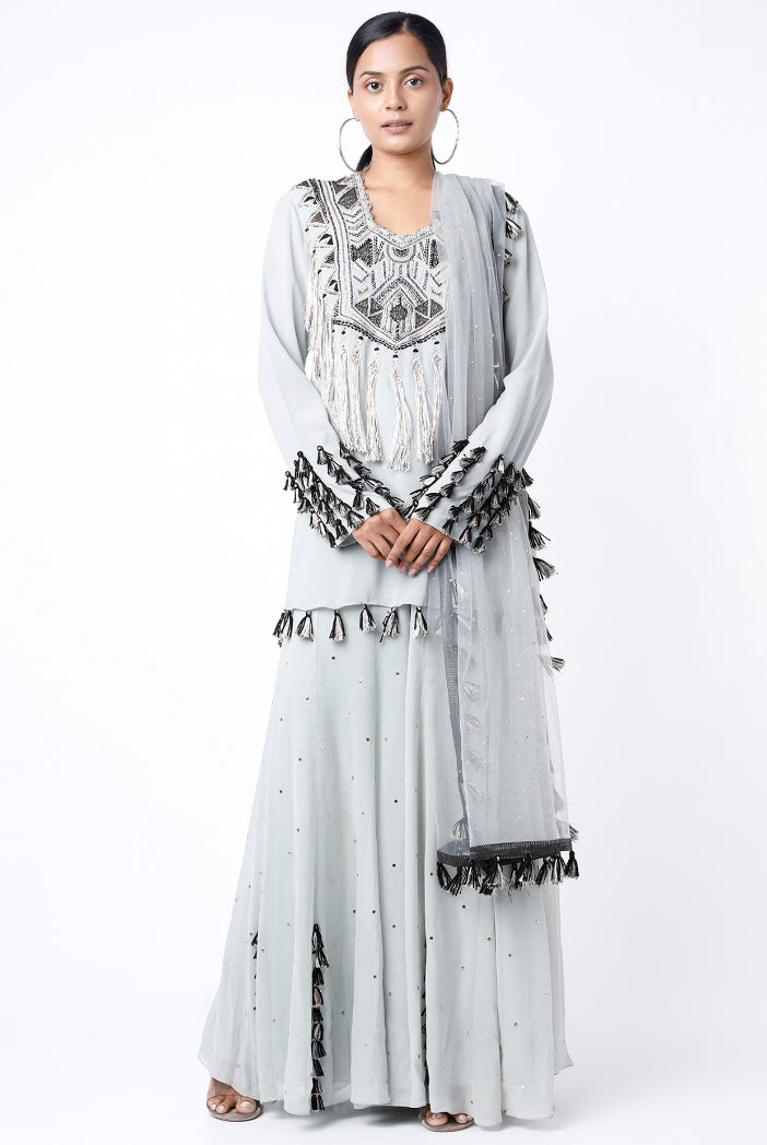 Pale Blue Colour Georgette Embroidered Kurta With Mukaish Georgette Sharara And Dot Mukaish Dupatta