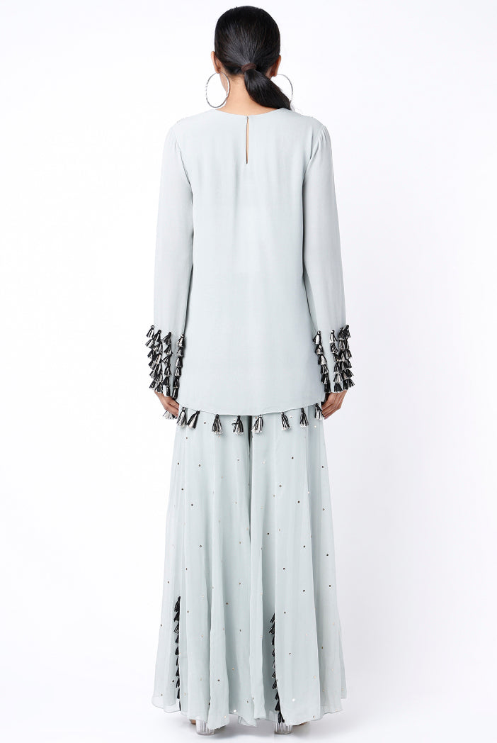 Pale Blue Colour Georgette Embroidered Kurta With Mukaish Georgette Sharara And Dot Mukaish Dupatta