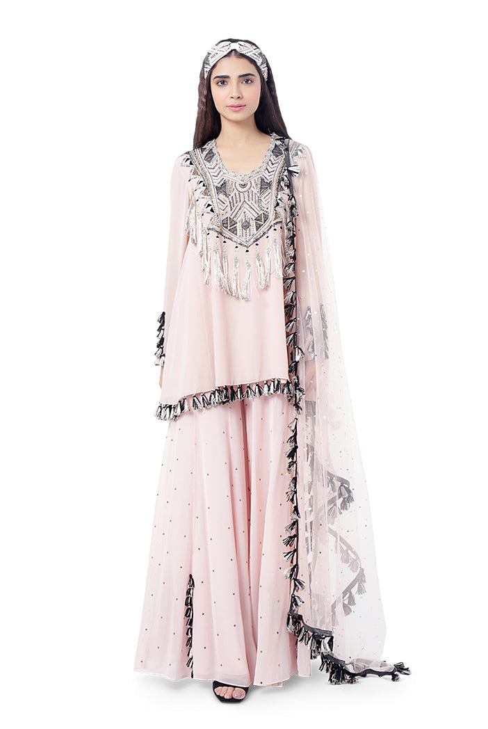 Aizza Rose Pink Colour Georgette Embroidered Kurta with Mukaish Georgette Sharara and Dot Mukaish Dupatta