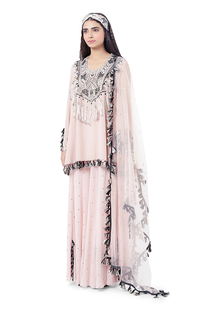 Aizza Rose Pink Colour Georgette Embroidered Kurta with Mukaish Georgette Sharara and Dot Mukaish Dupatta