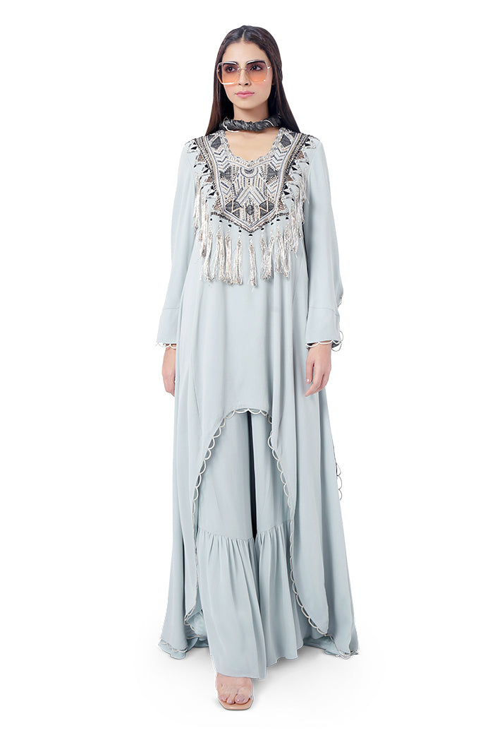 Aiman Pale Blue Colour Georgette Embroidered High-Low Kurta with Frill Palazzo and Black Colour Chanderi Stripe Dupatta