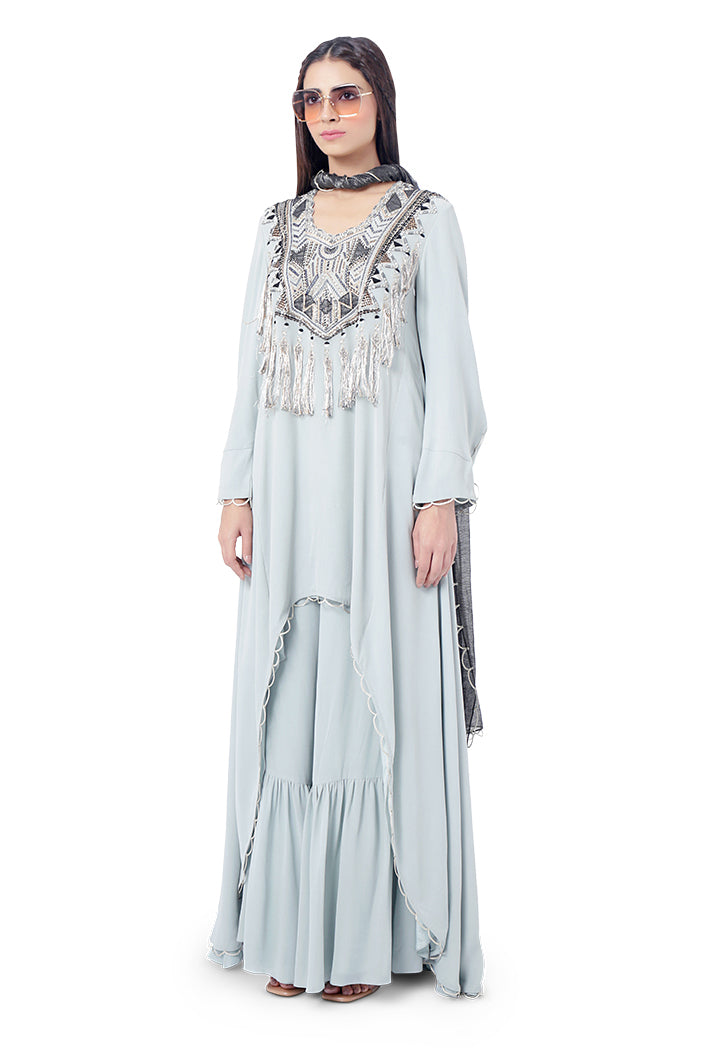 Aiman Pale Blue Colour Georgette Embroidered High-Low Kurta with Frill Palazzo and Black Colour Chanderi Stripe Dupatta