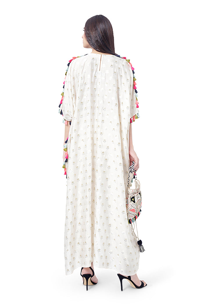 Duha Chalk White Colour Floral Brocade Yoke Embroidered Kaftan with Drawstring Details and Jogger Pant