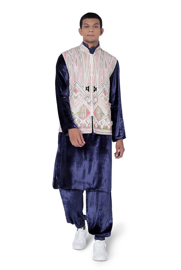 Chalk White Colour Georgette Bandi with Navy Colour Velvet Kurta and Jogger Pant