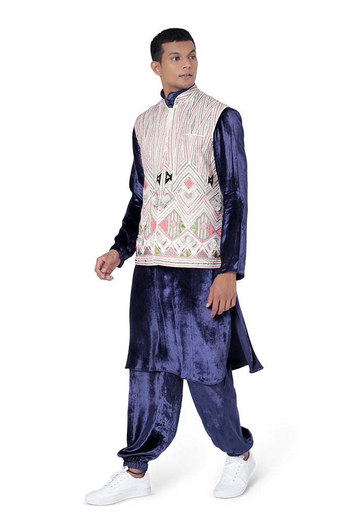 Chalk White Colour Georgette Bandi with Navy Colour Velvet Kurta and Jogger Pant