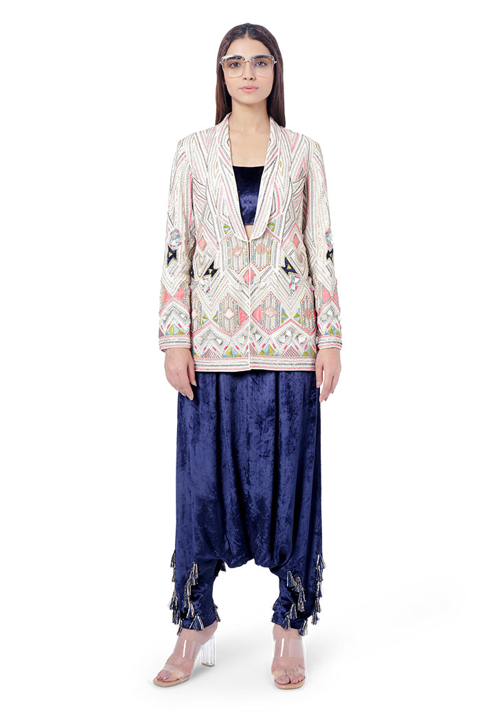 Fariat Chalk White Colour Georgette Embroidered Jacket with Navy Colour Velvet Bustier and Low Crotch Pant