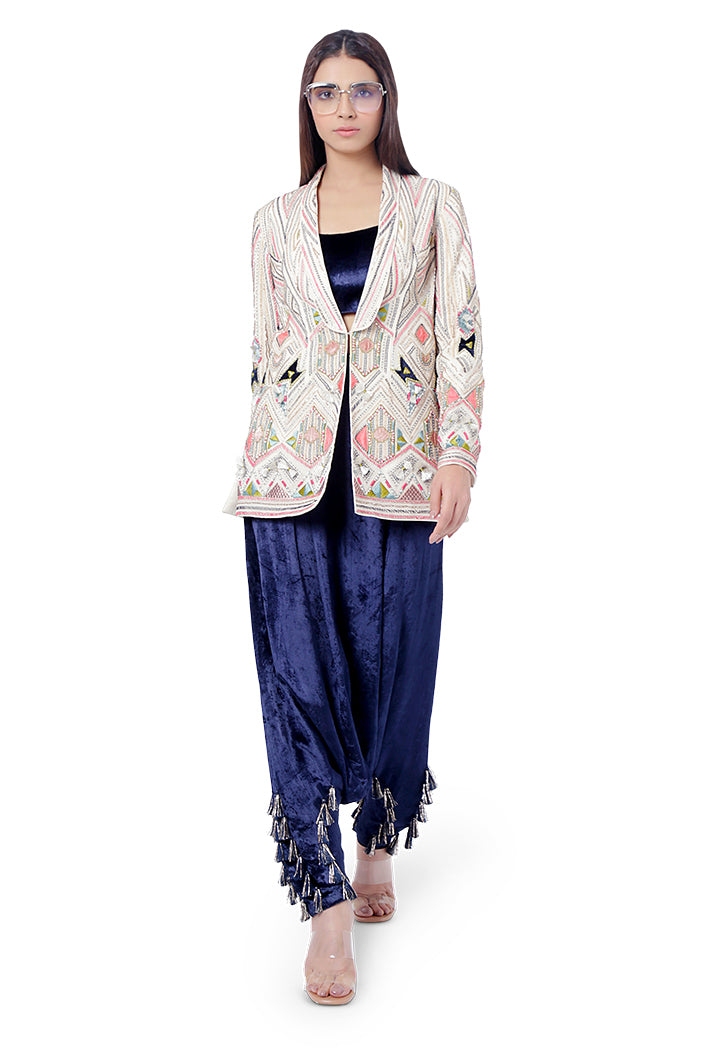 Fariat Chalk White Colour Georgette Embroidered Jacket with Navy Colour Velvet Bustier and Low Crotch Pant