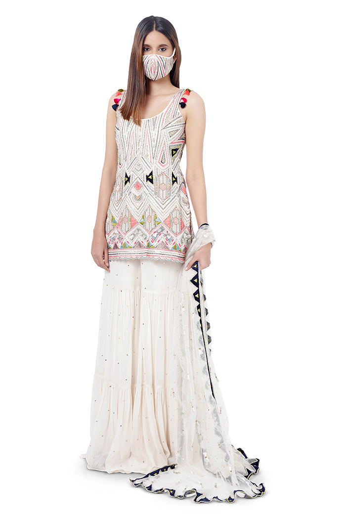 Fizza Chalk White Colour Georgette Embroidered Kurta with Mukaish Georgette Sharara and Mukaish Net Dupatta