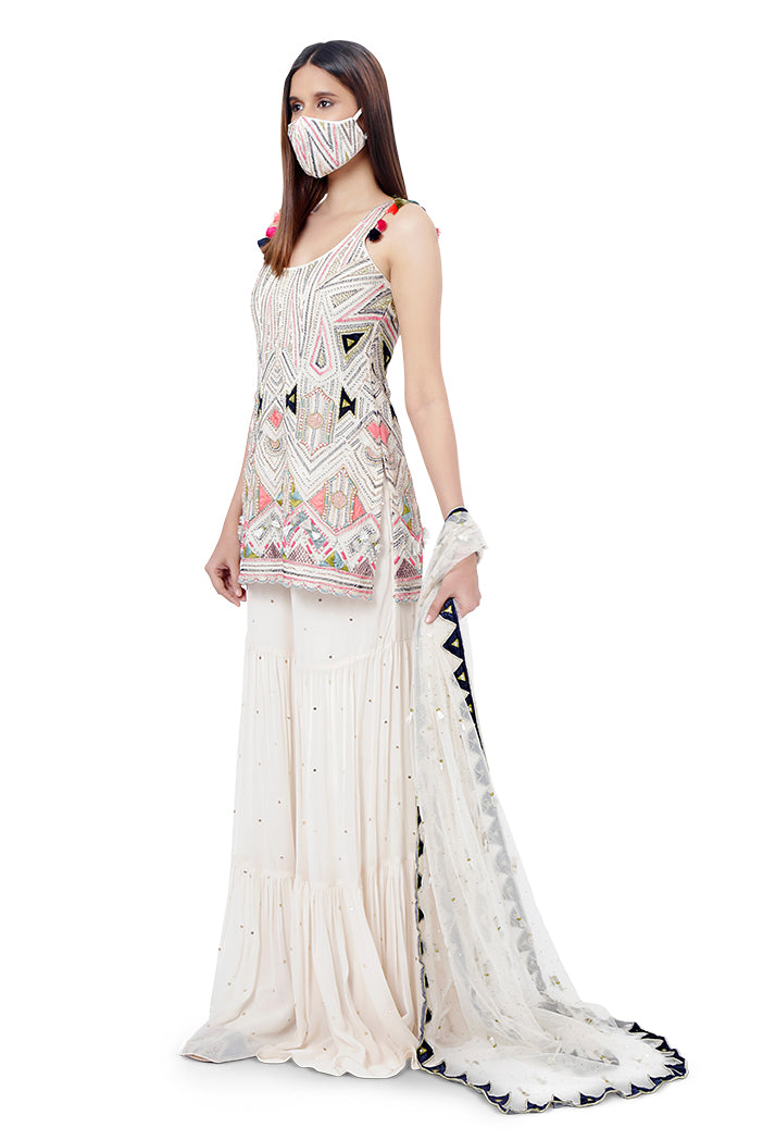 Fizza Chalk White Colour Georgette Embroidered Kurta with Mukaish Georgette Sharara and Mukaish Net Dupatta