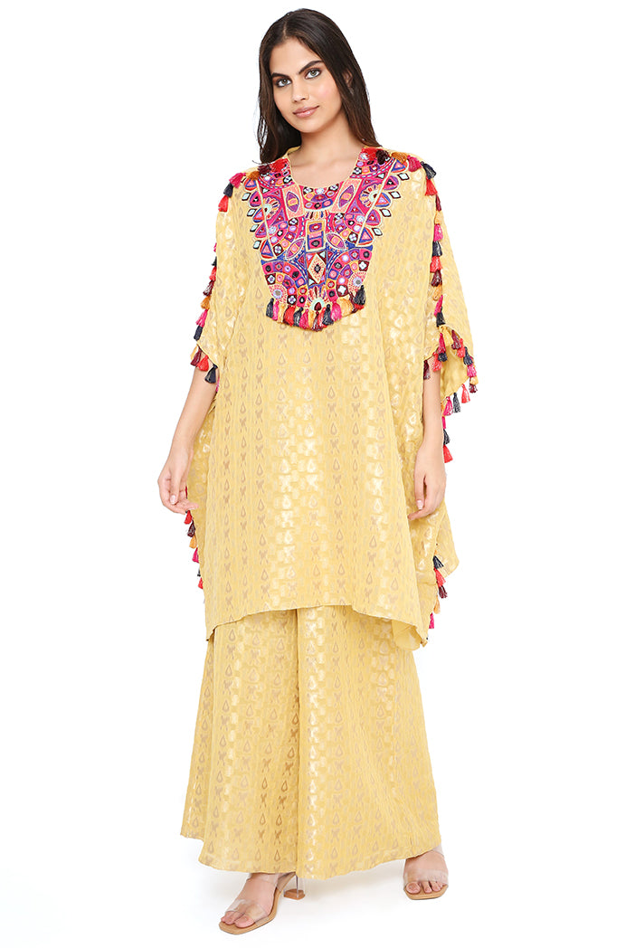 Pale Yellow Brocade Georgette Yoke Embroidered Short Kaftan With Tassel Details And Palazzo