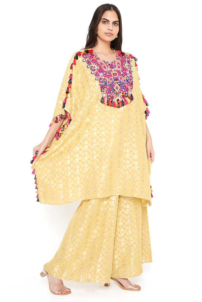 Pale Yellow Brocade Georgette Yoke Embroidered Short Kaftan With Tassel Details And Palazzo