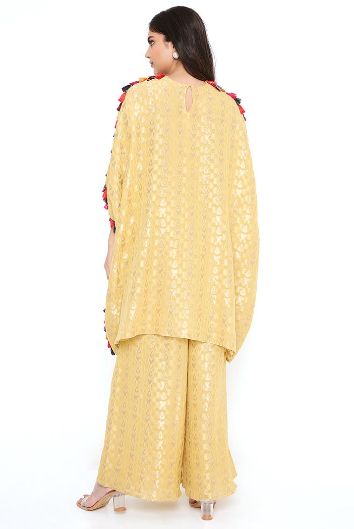 Pale Yellow Brocade Georgette Yoke Embroidered Short Kaftan With Tassel Details And Palazzo