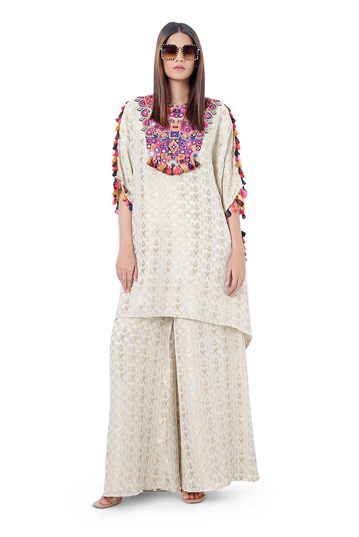 Hafsa Chalk White Colour Ikat Brocade Georgette Embroidered Short Kaftan with Palazzo