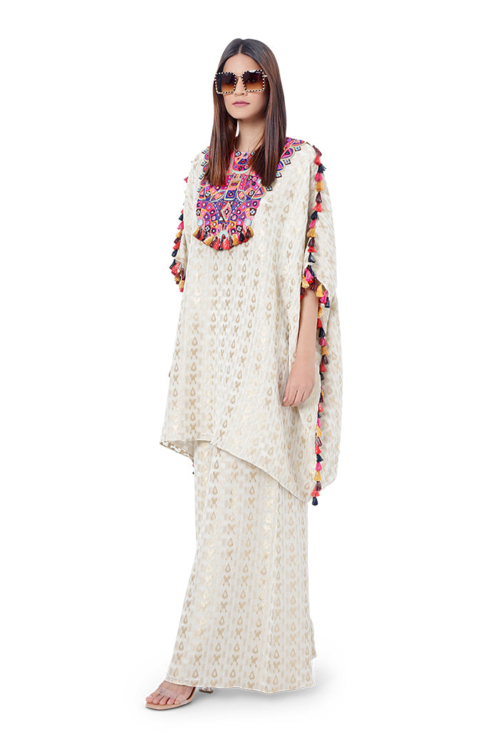 Hafsa Chalk White Colour Ikat Brocade Georgette Embroidered Short Kaftan with Palazzo