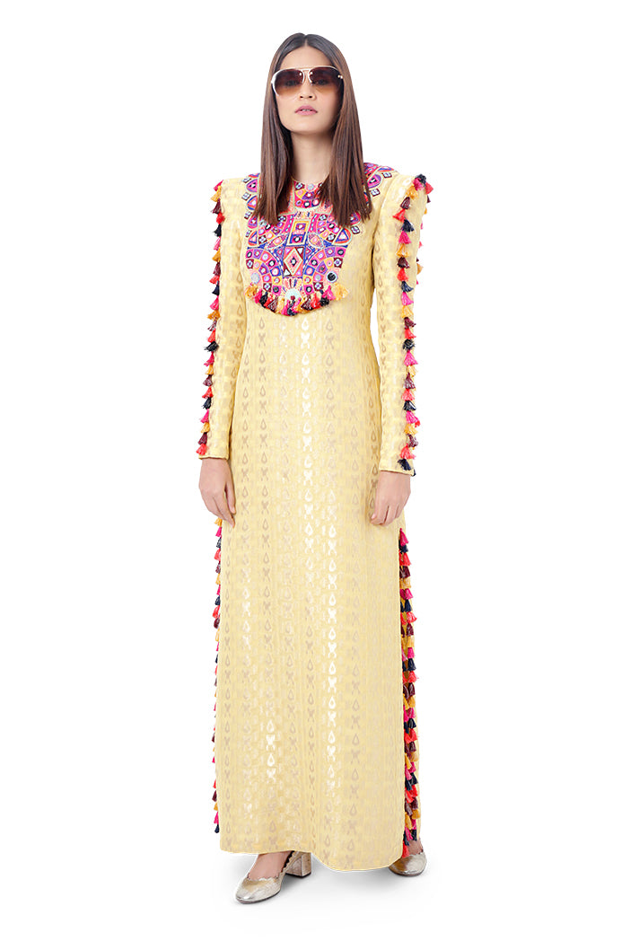Hasana Pale Yellow Colour Ikat Brocade Georgette Embroidered Kaftan