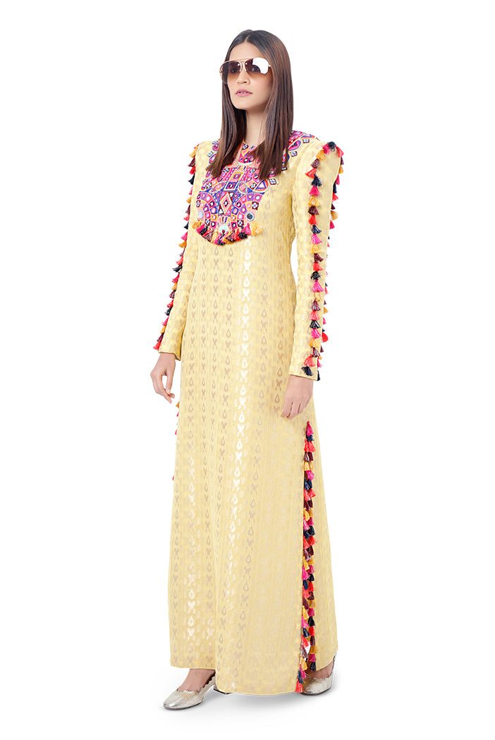 Hasana Pale Yellow Colour Ikat Brocade Georgette Embroidered Kaftan