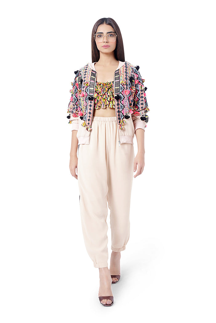 Mahah Stone Colour Georgette Embroidered Bomber Jacket with Jogger Pant and Black Georgette Embroidered Bustier