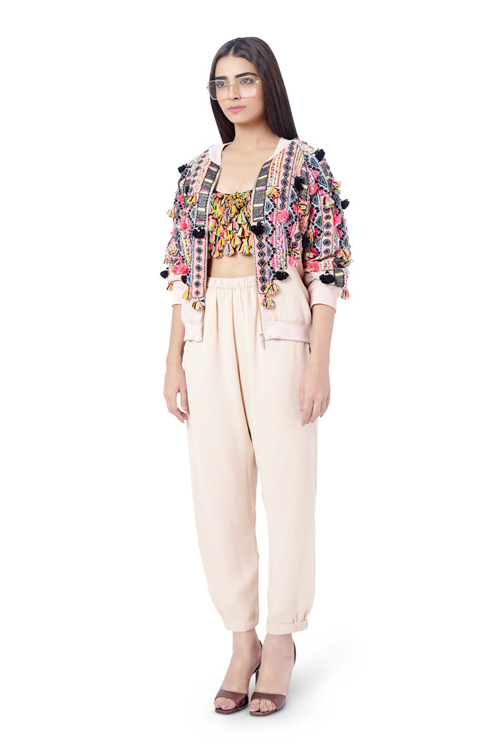 Mahah Stone Colour Georgette Embroidered Bomber Jacket with Jogger Pant and Black Georgette Embroidered Bustier