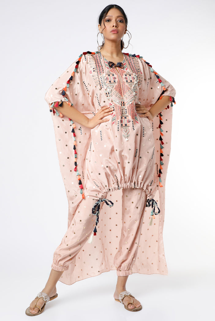 Rose Pink Colour Dot Mukaish Silk Yoke Embroidered Hi Low Kaftaan And Jogger Pants