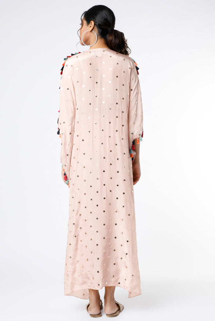 Rose Pink Colour Dot Mukaish Silk Yoke Embroidered Hi Low Kaftaan And Jogger Pants