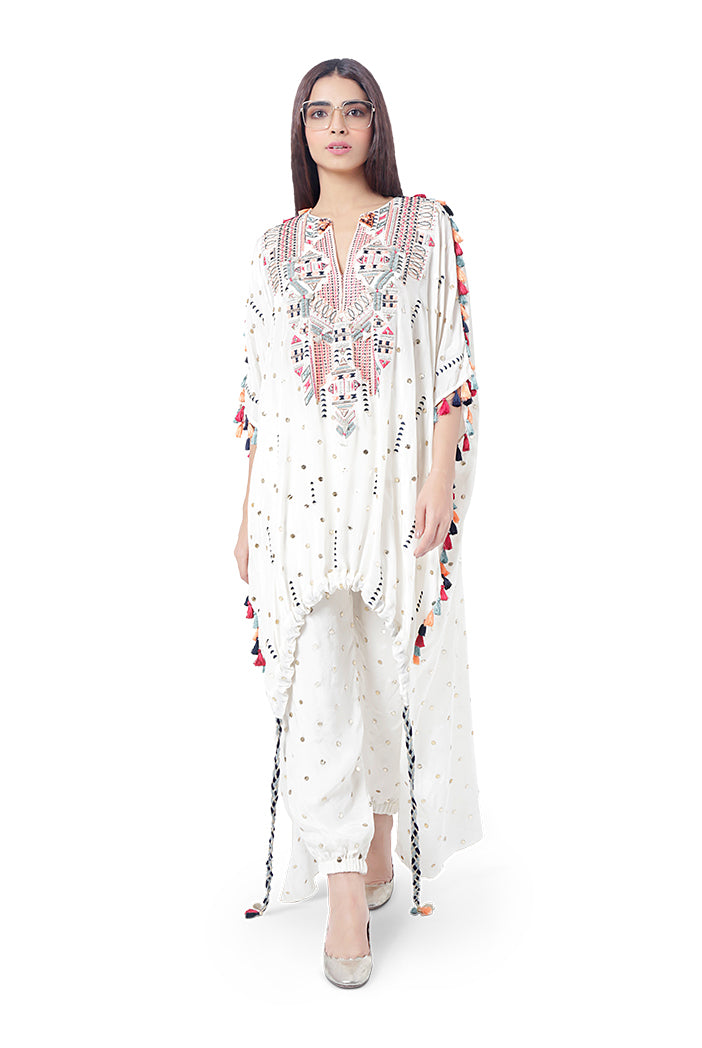Maliha Chalk White Colour Dot Mukaish Silk Embroidered High-Low Kaftan with Jogger Pant