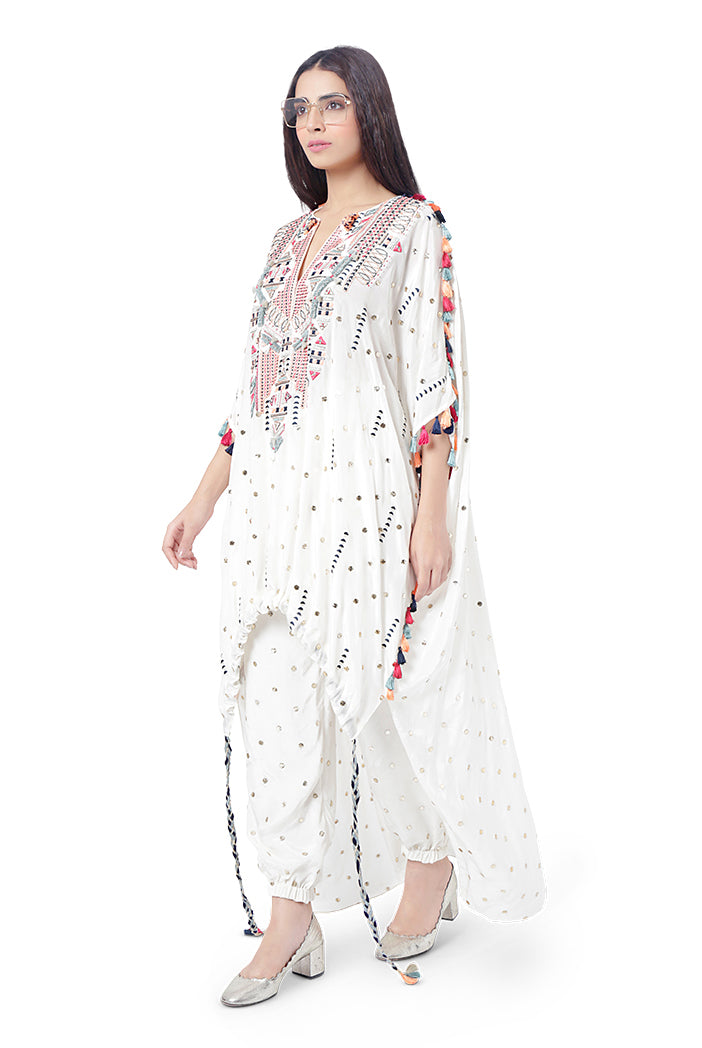 Maliha Chalk White Colour Dot Mukaish Silk Embroidered High-Low Kaftan with Jogger Pant