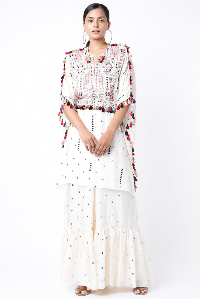 White Colour Dot Mukaish Georgette Embroidered Yoke Kaftaan With Belt And Frill Palazzo