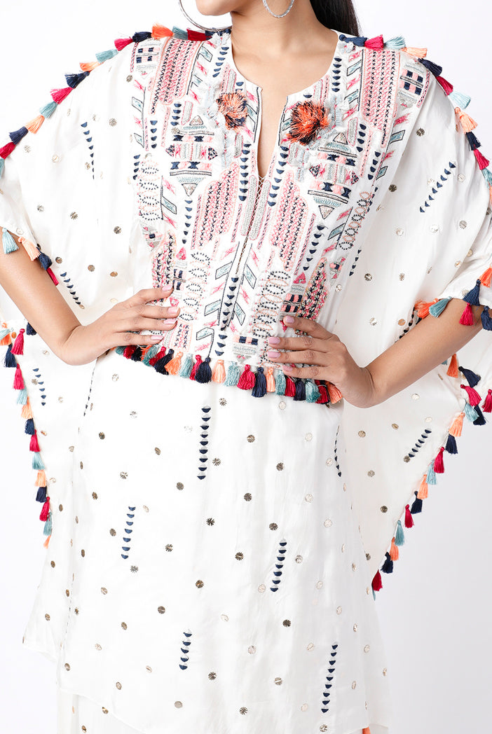 White Colour Dot Mukaish Georgette Embroidered Yoke Kaftaan With Belt And Frill Palazzo