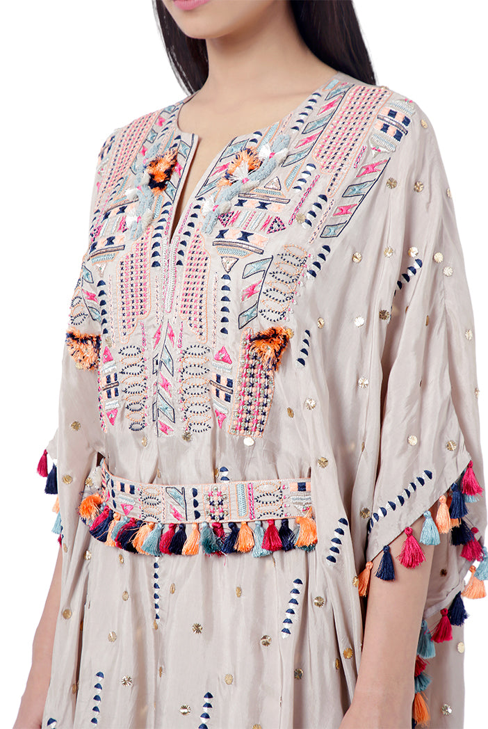 Meer Grey Colour Dot Mukaish Silk Embroidered Kaftan with Belt and Mukaish Georgette Frill Palazzo