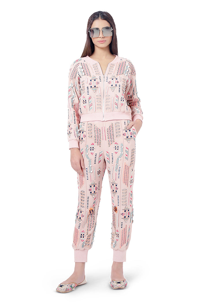 Mirah Rose Pink Colour Georgette Embroidered Bomber Jacket with Jogger Pants