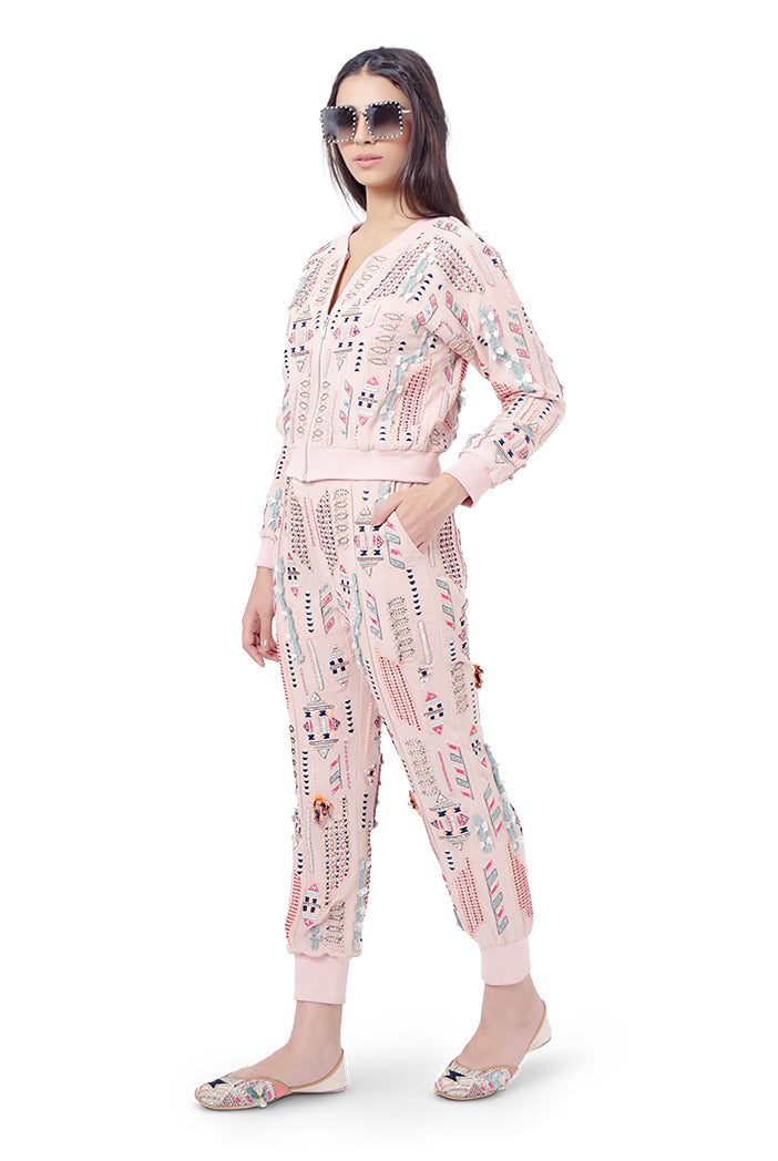 Mirah Rose Pink Colour Georgette Embroidered Bomber Jacket with Jogger Pants