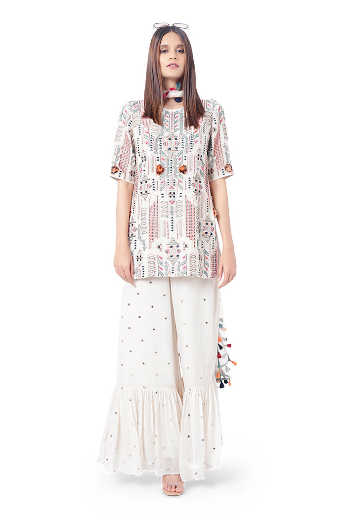 Qudrat Chalk White Colour Georgette Embroidered Kurta with Mukaish Georgette Sharara and Mukaish Net Dupatta