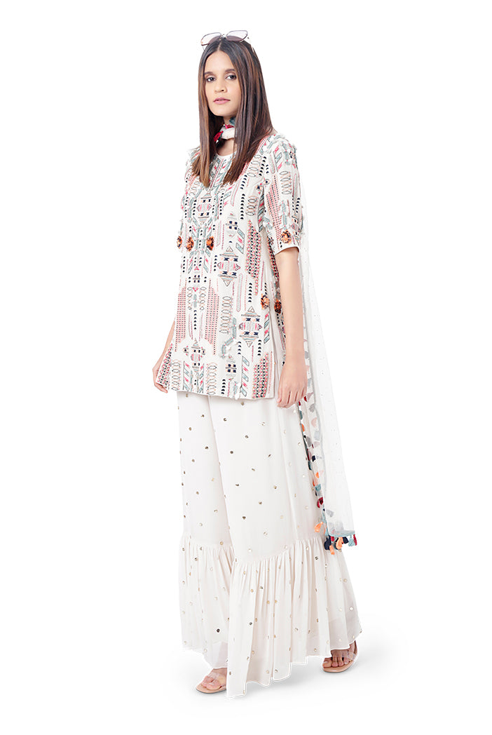 Qudrat Chalk White Colour Georgette Embroidered Kurta with Mukaish Georgette Sharara and Mukaish Net Dupatta
