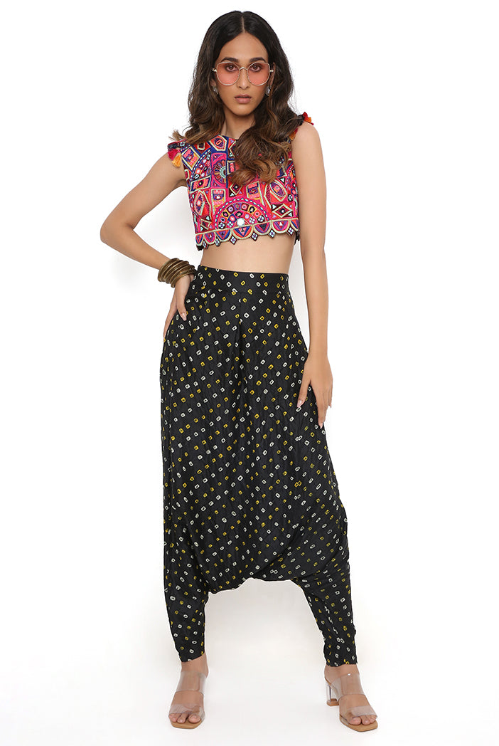 Black Georgette Embroidered Choli With Bandhani Silk Low Crotch Pants