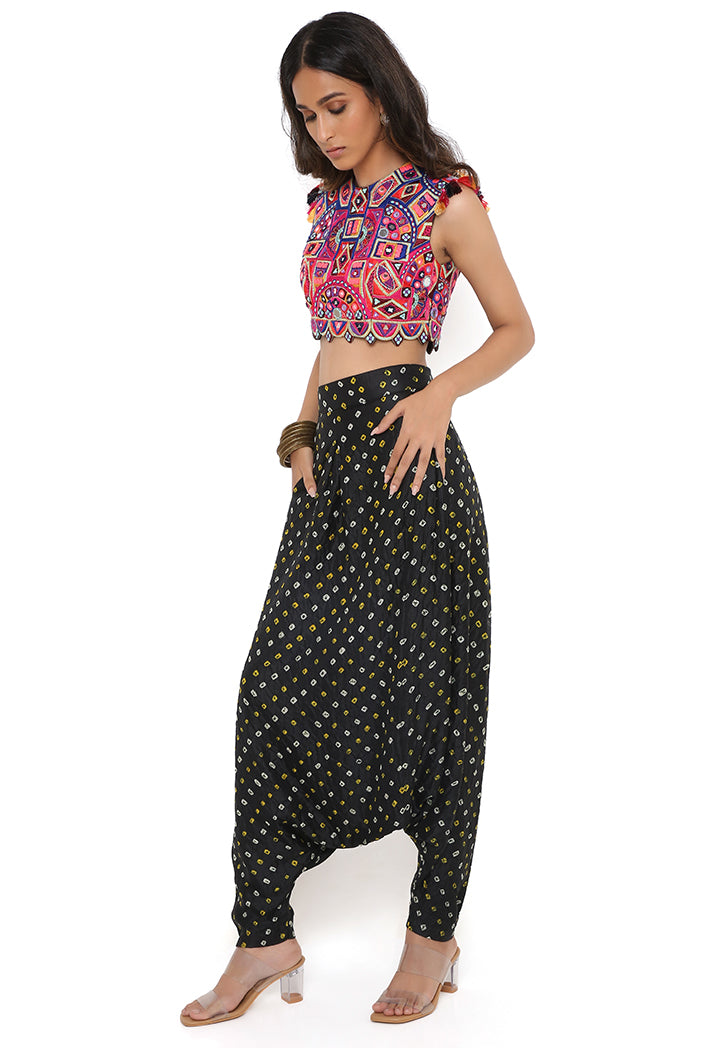 Black Georgette Embroidered Choli With Bandhani Silk Low Crotch Pants