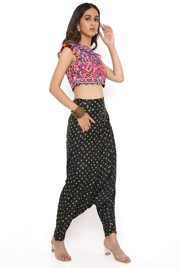 Black Georgette Embroidered Choli With Bandhani Silk Low Crotch Pants