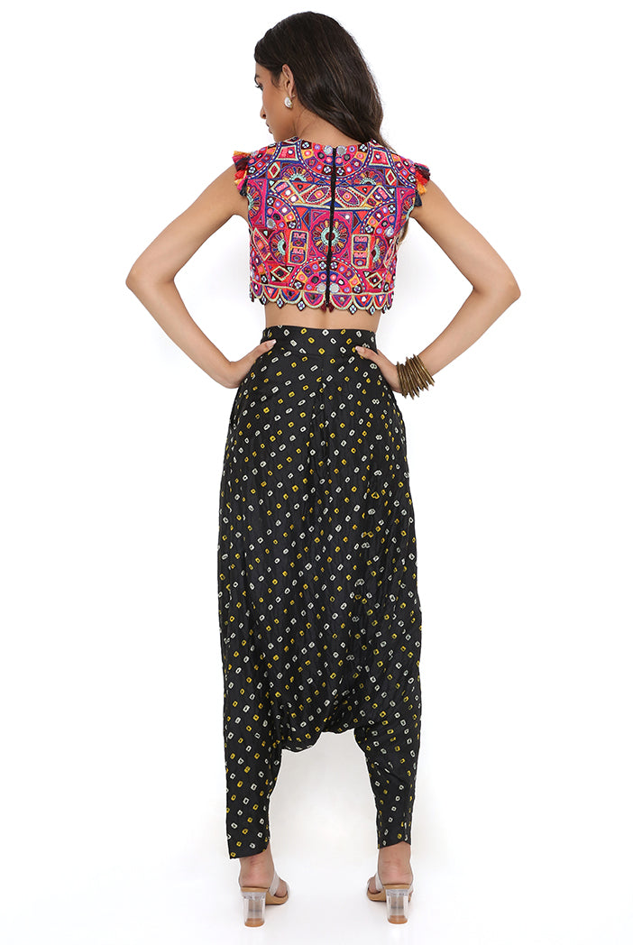 Black Georgette Embroidered Choli With Bandhani Silk Low Crotch Pants