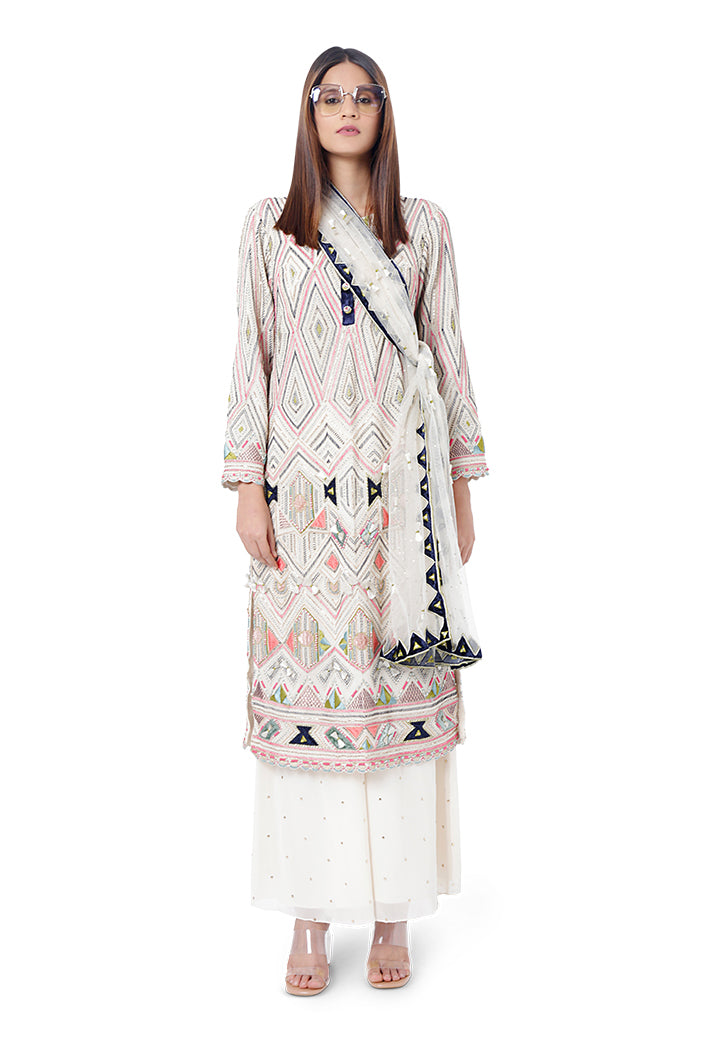 Rayya Chalk White Colour Georgette Embroidered Kurta with Mukaish Georgette Palazzo and Mukaish Net Dupatta