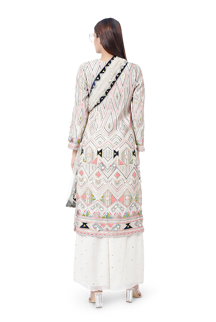 Rayya Chalk White Colour Georgette Embroidered Kurta with Mukaish Georgette Palazzo and Mukaish Net Dupatta