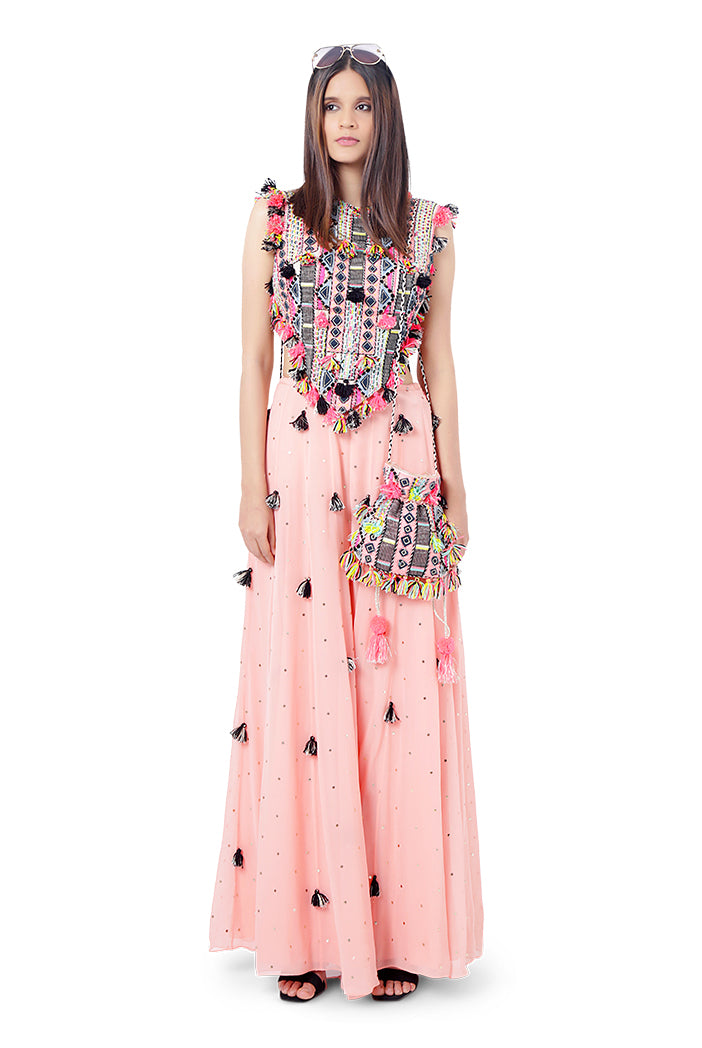 Zaha Coral Colour Georgette Embroidered Tie-Up Choli with Mukaish Georgette Sharara